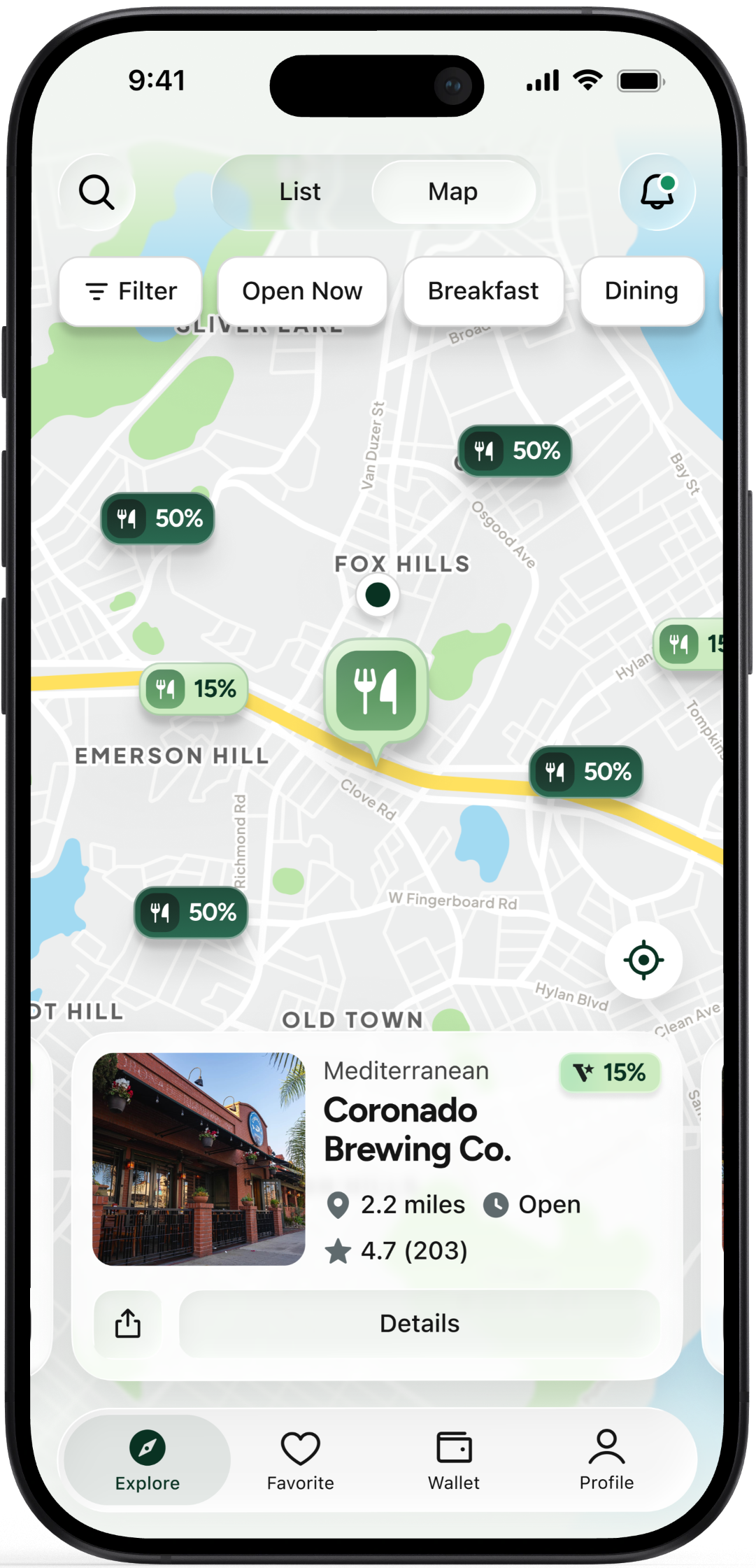 The Valor app showing nearby merchants and their cashback rates