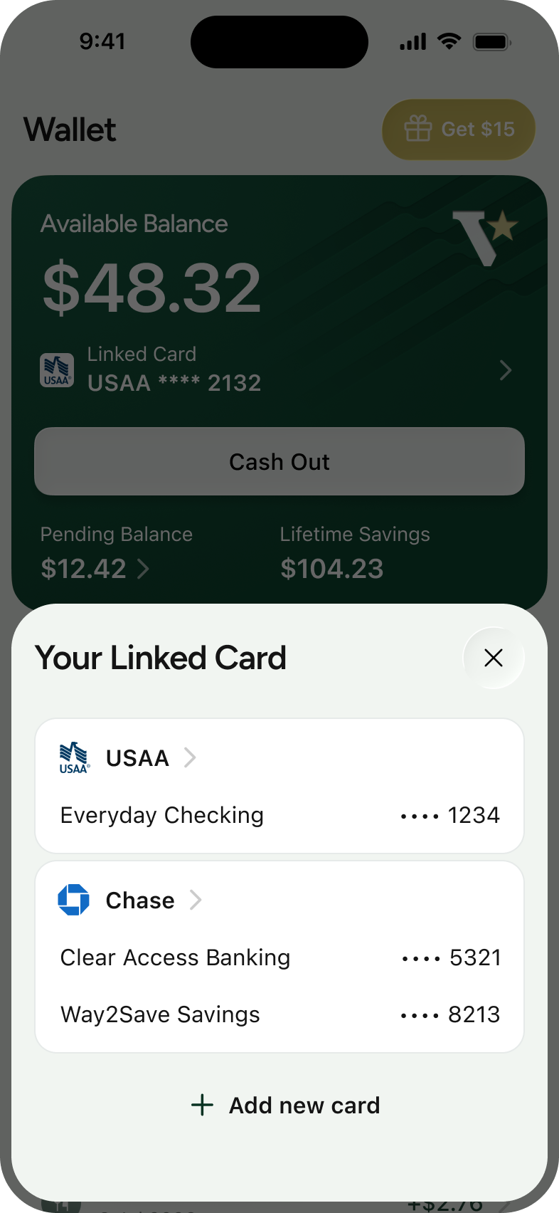 The Valor wallet screen with linked cards