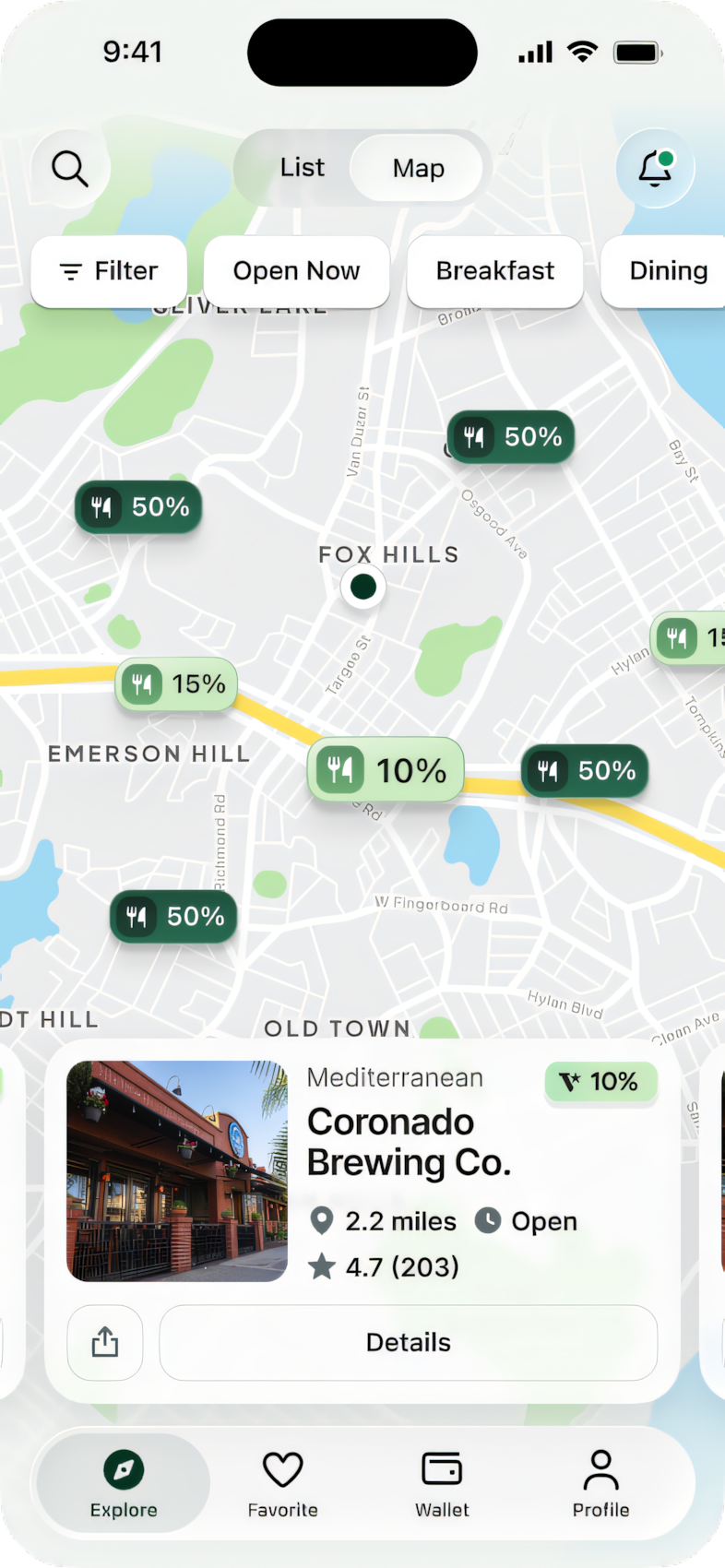 The Valor map showing nearby merchants and their cashback rates