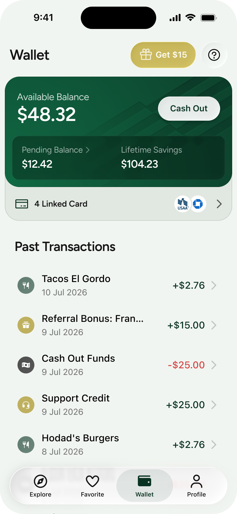 The Valor wallet showing cashback added to recent transactions
